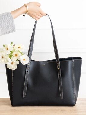 AALLYN Eliana Black Leather Tote Bag - Women's Everyday Carryall